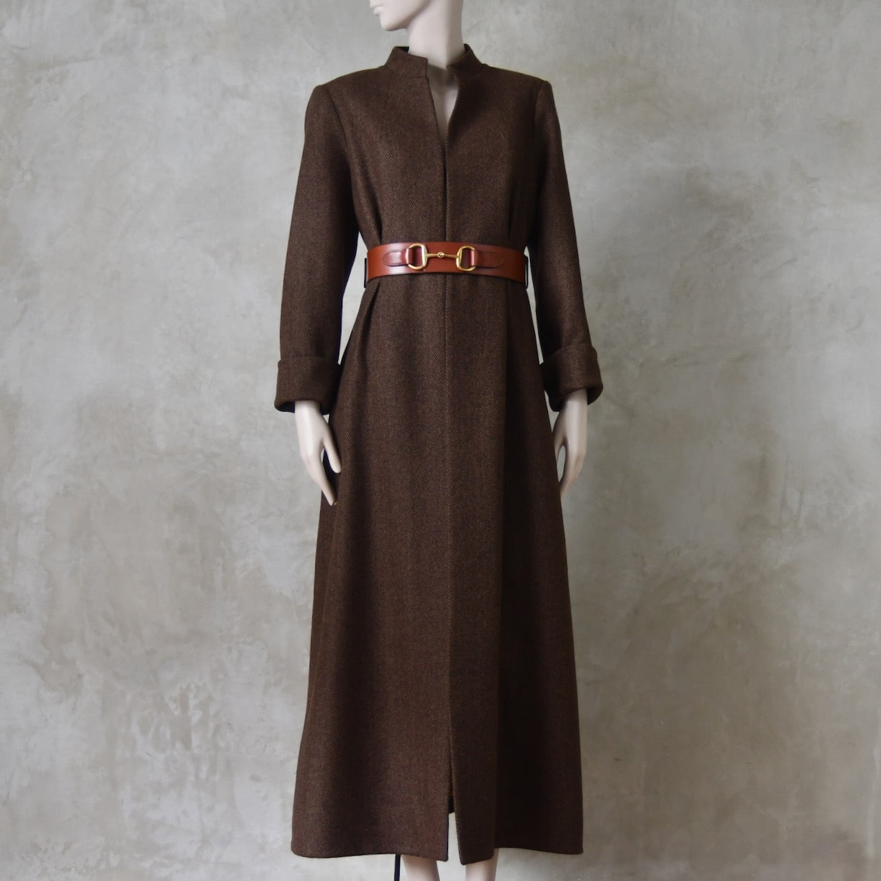 The Skirted Hourglass Coat in Brown Herringbone Merino Flannel