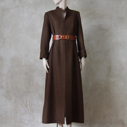 The Skirted Hourglass Coat in Brown Herringbone Merino Flannel