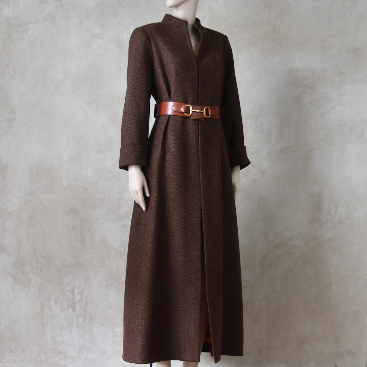 The Skirted Hourglass Coat in Brown Herringbone Merino Flannel