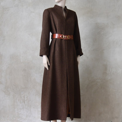 The Skirted Hourglass Coat in Brown Herringbone Merino Flannel