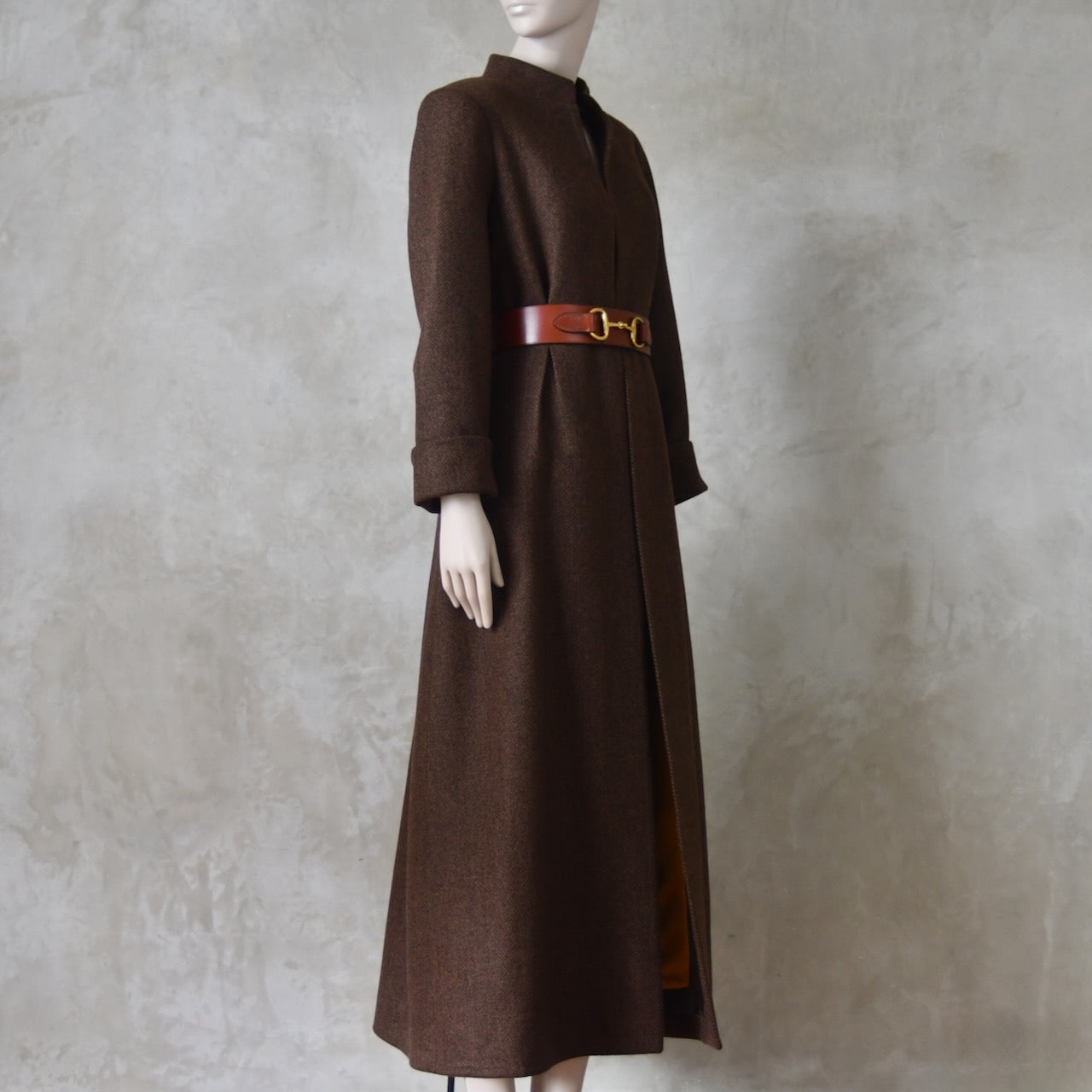 The Skirted Hourglass Coat in Brown Herringbone Merino Flannel