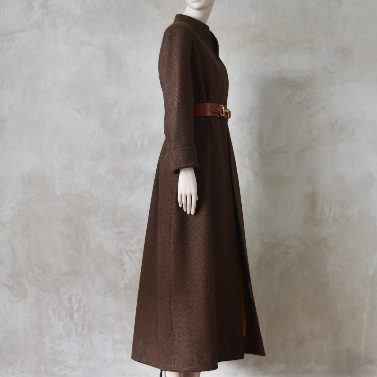 The Skirted Hourglass Coat in Brown Herringbone Merino Flannel