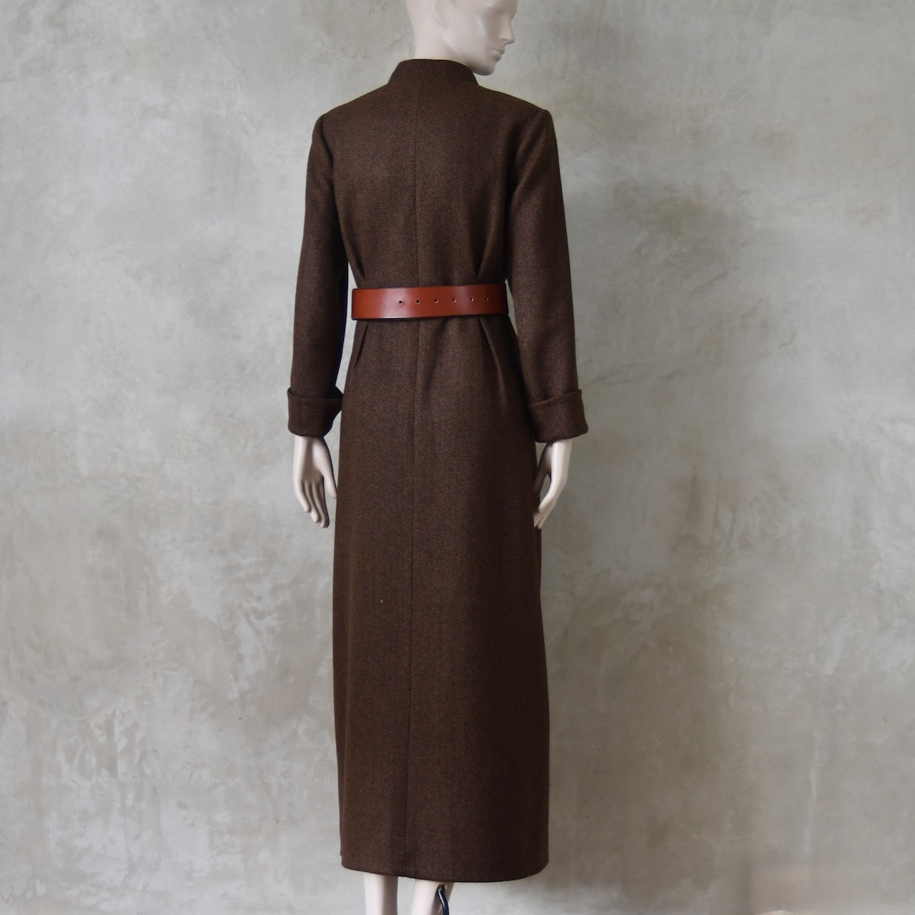 The Skirted Hourglass Coat in Brown Herringbone Merino Flannel
