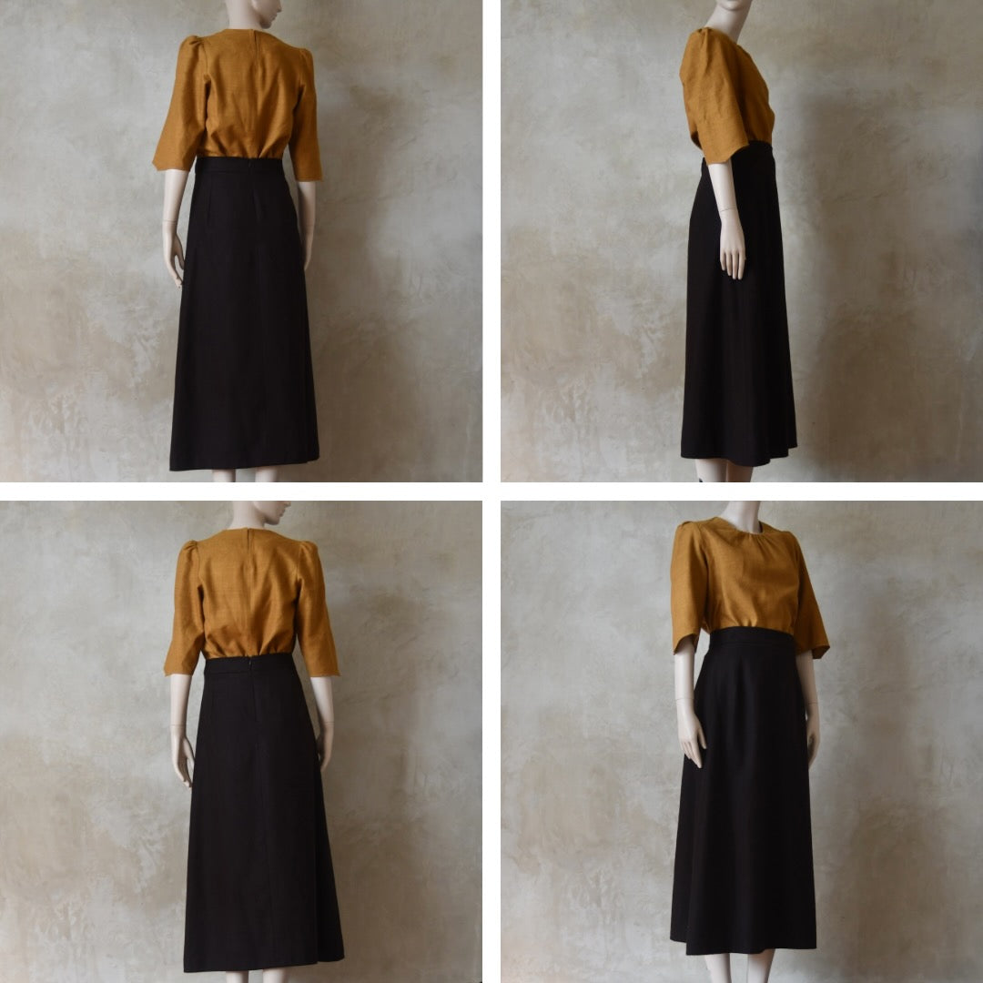Multiple full view of caramel coloured gathered neck silk top with Brown Merino A Line Skirt. Lined in Silk and Handmade in London.