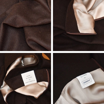 Inside lining  view and fabric close up of Brown Merino A Line Skirt. Lined in Silk and Handmade in London.