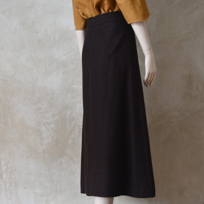 Side Back View of Brown Merino A Line Skirt. Lined in Silk and Handmade in London.
