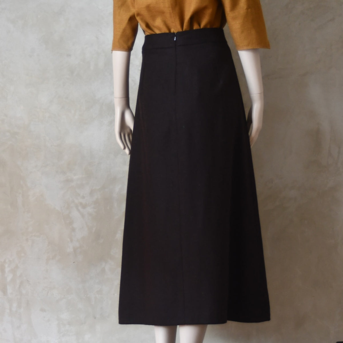 Caramel coloured silk top with Brown Merino A Line Skirt. Lined in Silk and Handmade in London.