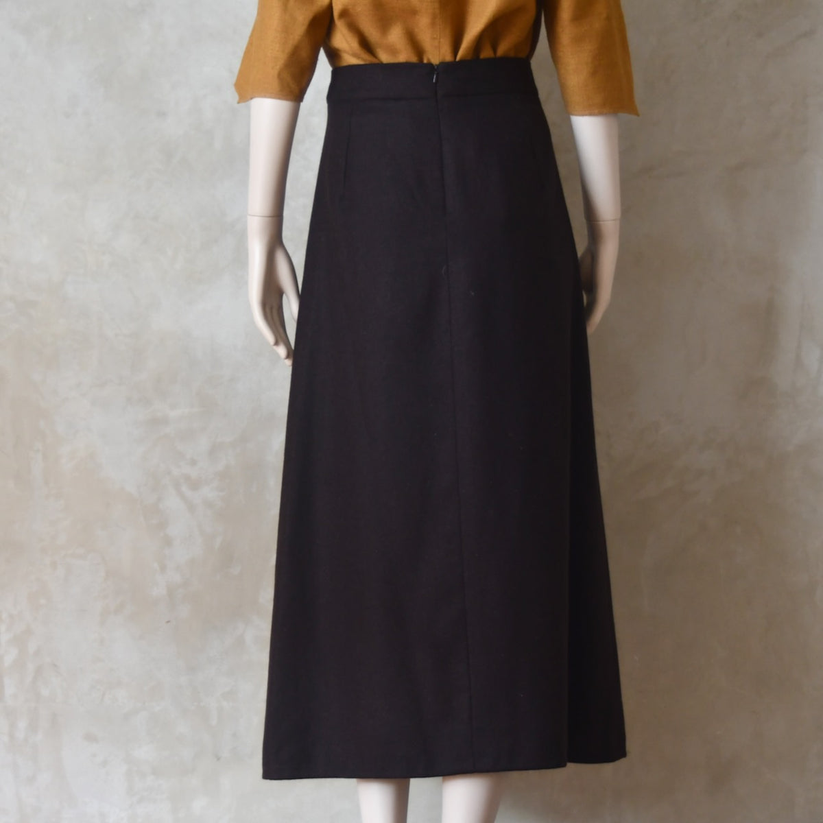 Back view of Brown Merino A Line Skirt. Lined in Silk and Handmade in London.