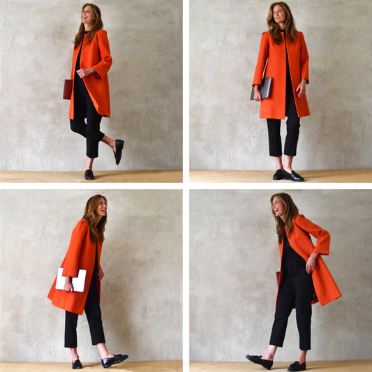 12 – Shoulder Detail Trapeze Coat in Burnt Orange Wool Crepe