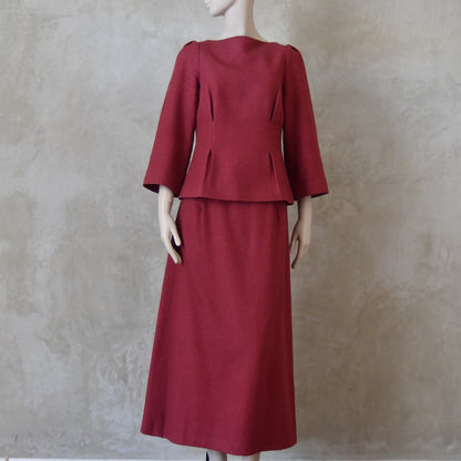 The Tailored Boat Neck Skirt Suit in Damson Silk Matka