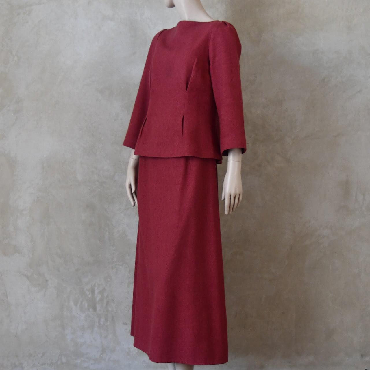 The Tailored Boat Neck Skirt Suit in Damson Silk Matka