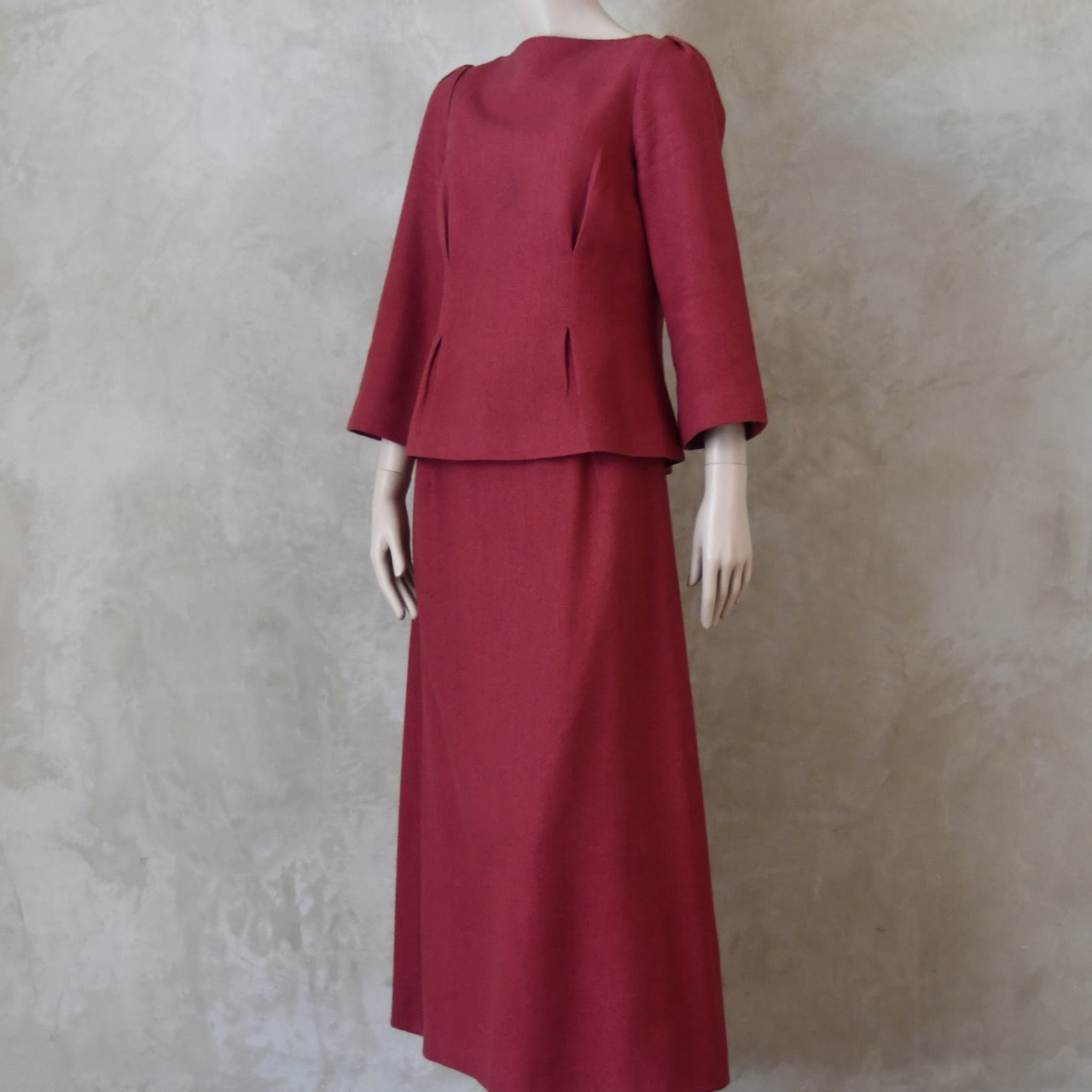 The Tailored Boat Neck Skirt Suit in Damson Silk Matka