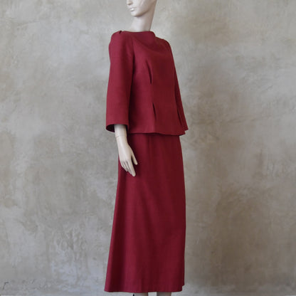 The Tailored Boat Neck Skirt Suit in Damson Silk Matka