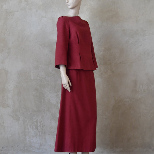 The Tailored Boat Neck Skirt Suit in Damson Silk Matka