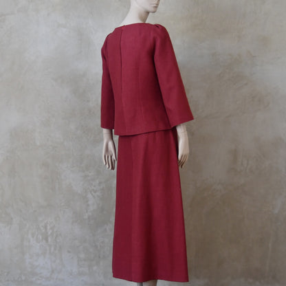 The Tailored Boat Neck Skirt Suit in Damson Silk Matka