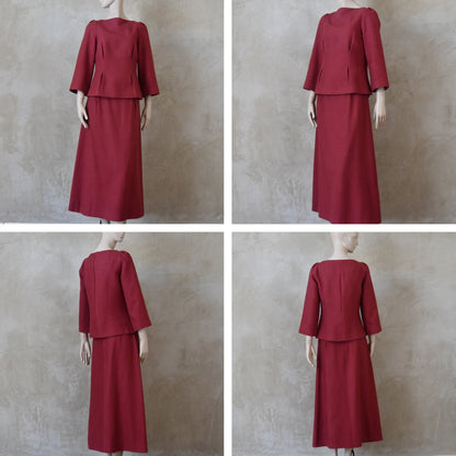 The Tailored Boat Neck Skirt Suit in Damson Silk Matka