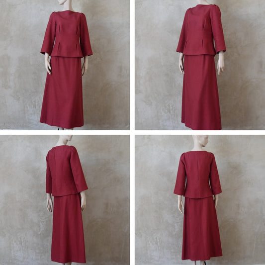 The Tailored Boat Neck Skirt Suit in Damson Silk Matka