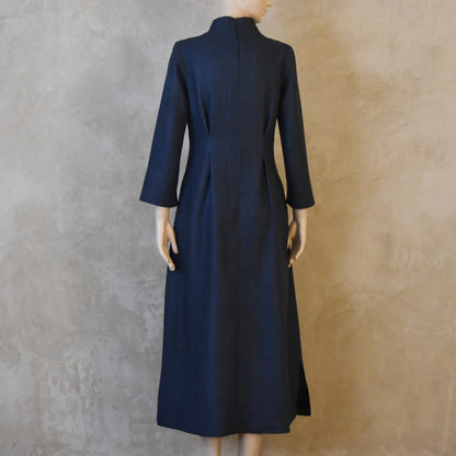 The Waisted Dress in Dusky Navy Silk Matka
