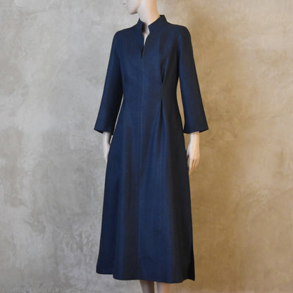 The Waisted Dress in Dusky Navy Silk Matka