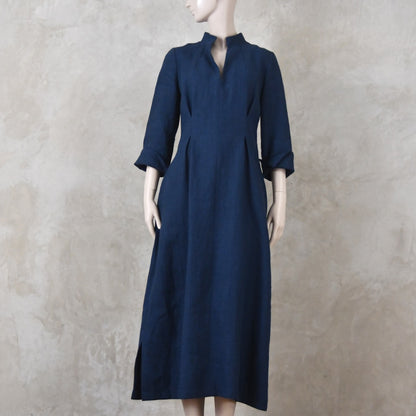 The Waisted Dress in Navy Mid Weight Irish Linen