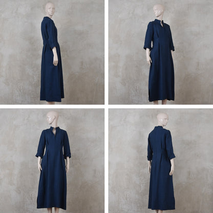 The Waisted Dress in Navy Mid Weight Irish Linen