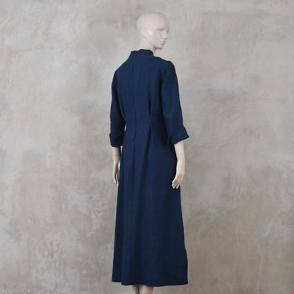 The Waisted Dress in Navy Mid Weight Irish Linen