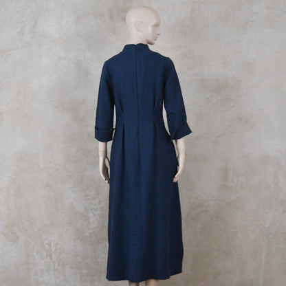 The Waisted Dress in Navy Mid Weight Irish Linen
