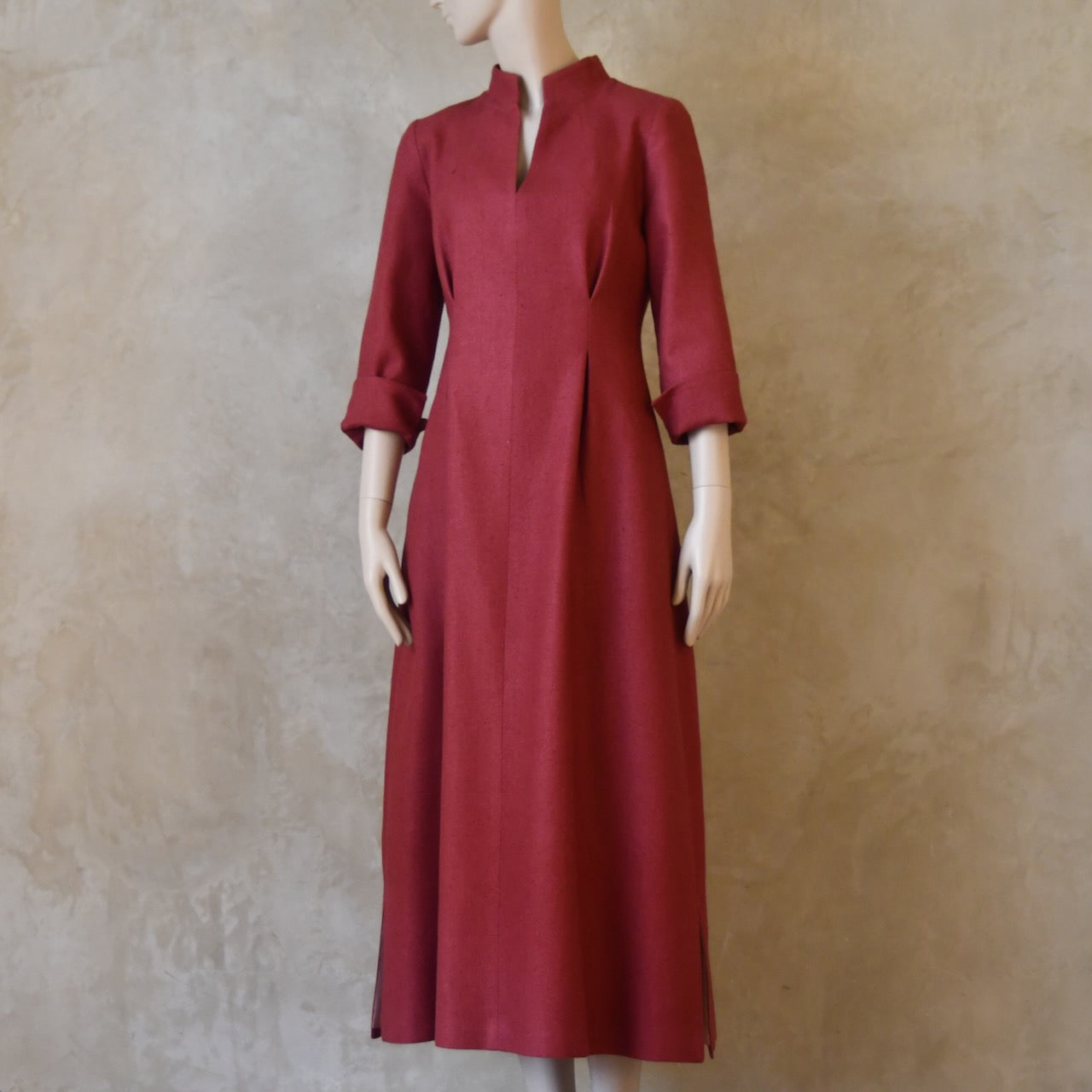 Full length view of Dark Pink Silk Waisted longer length mid-season tailored dress. Ready to Ship and Made to order. Sizes 6 to 20 and bespoke. Made by hand in East London.