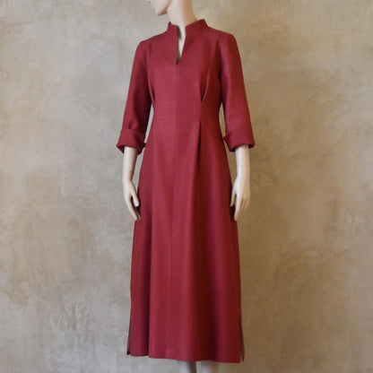 Full length view of Dark Pink Silk Waisted longer length mid-season tailored dress. Ready to Ship and Made to order. Sizes 6 to 20 and bespoke. Made by hand in East London.