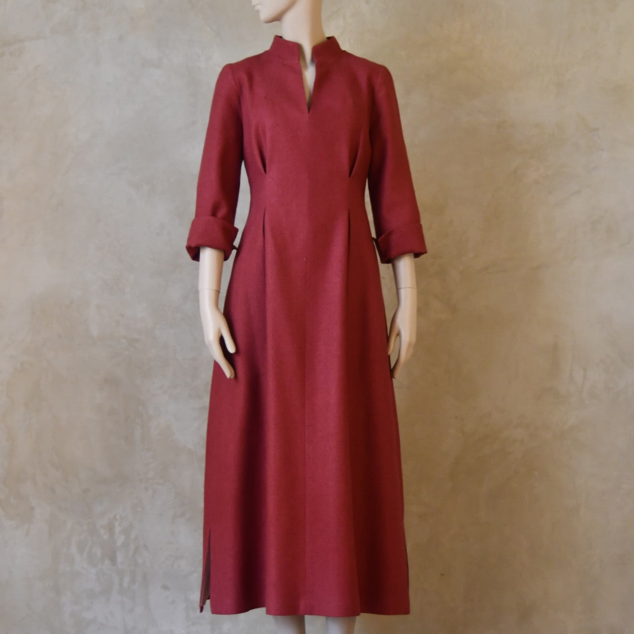 Dark Pink Silk Waisted longer length mid-season tailored dress. Ready to Ship and Made to order. Sizes 6 to 20 and bespoke. Made by hand in East London.