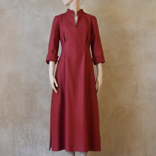 Dark Pink Silk Waisted longer length mid-season tailored dress. Ready to Ship and Made to order. Sizes 6 to 20 and bespoke. Made by hand in East London.