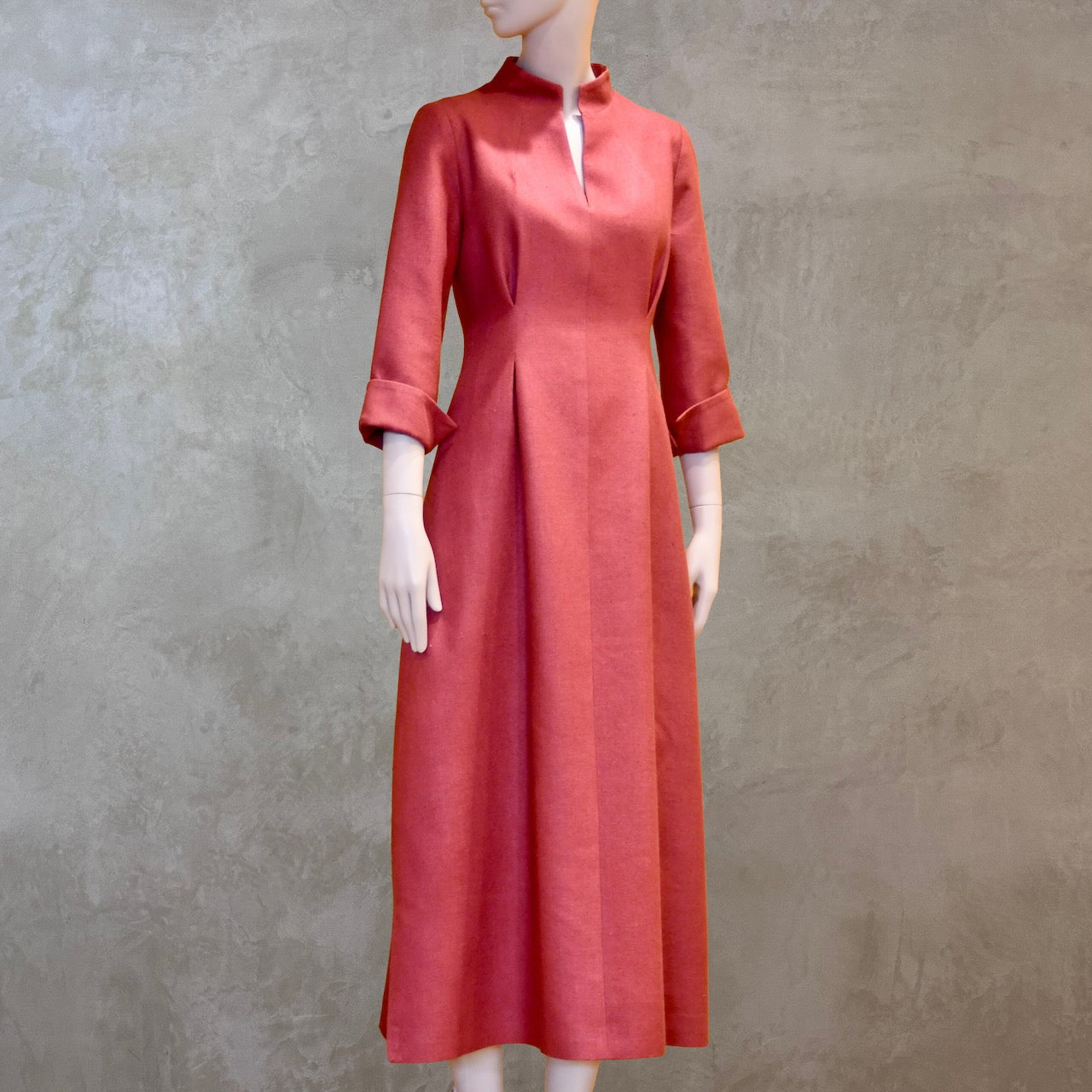 Front view of Pink Skirted Shirt Dress in Pure Silk. Handmace in London with bespoke sizing. Lined in Pure Silk.