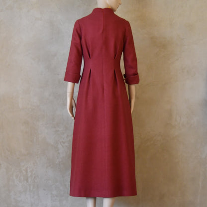 Back view of Dark Pink Silk Waisted longer length mid-season tailored dress. Ready to Ship and Made to order. Sizes 6 to 20 and bespoke. Made by hand in East London.