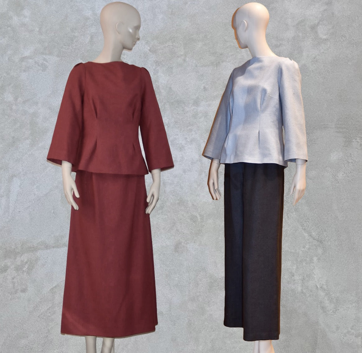 A Tailored Boat Neck Skirt Suit in Damson Silk Matka. Handmade in Britain. 