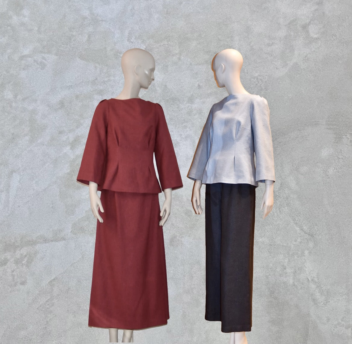 A Tailored Boat Neck Skirt Suit in Damson Silk Matka. Handmade in Britain. 