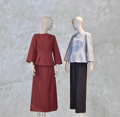 A Tailored Boat Neck Skirt Suit in Damson Silk Matka. Handmade in Britain. 