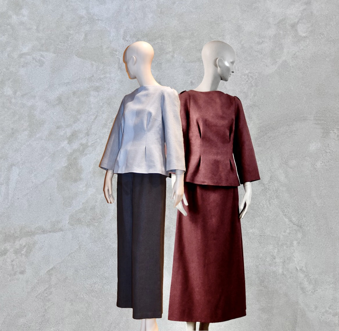 A Tailored Boat Neck Skirt Suit in Damson Silk Matka. Handmade in Britain. 