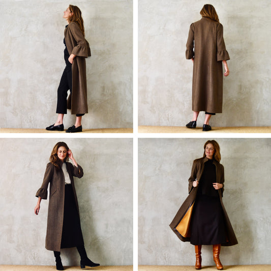 18 – Bell Sleeve A-Line Coat in Brown Black Cashmere Mix