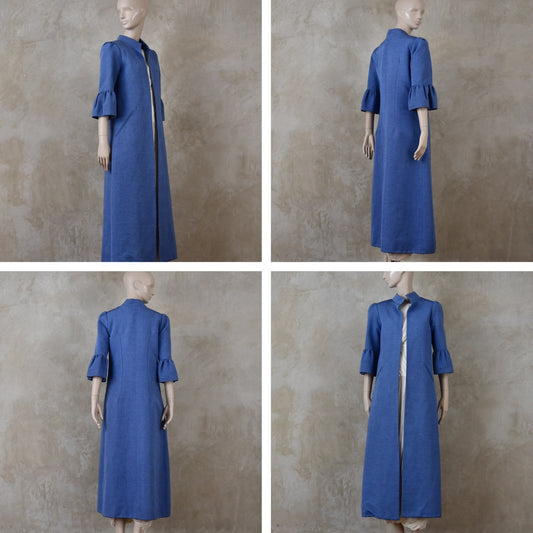 8 - Blue Brocade Bell Sleeve A-Line Coat