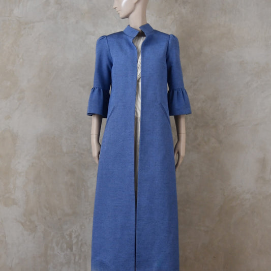 Bell Sleeve A-Line Coat in Blue Brocade