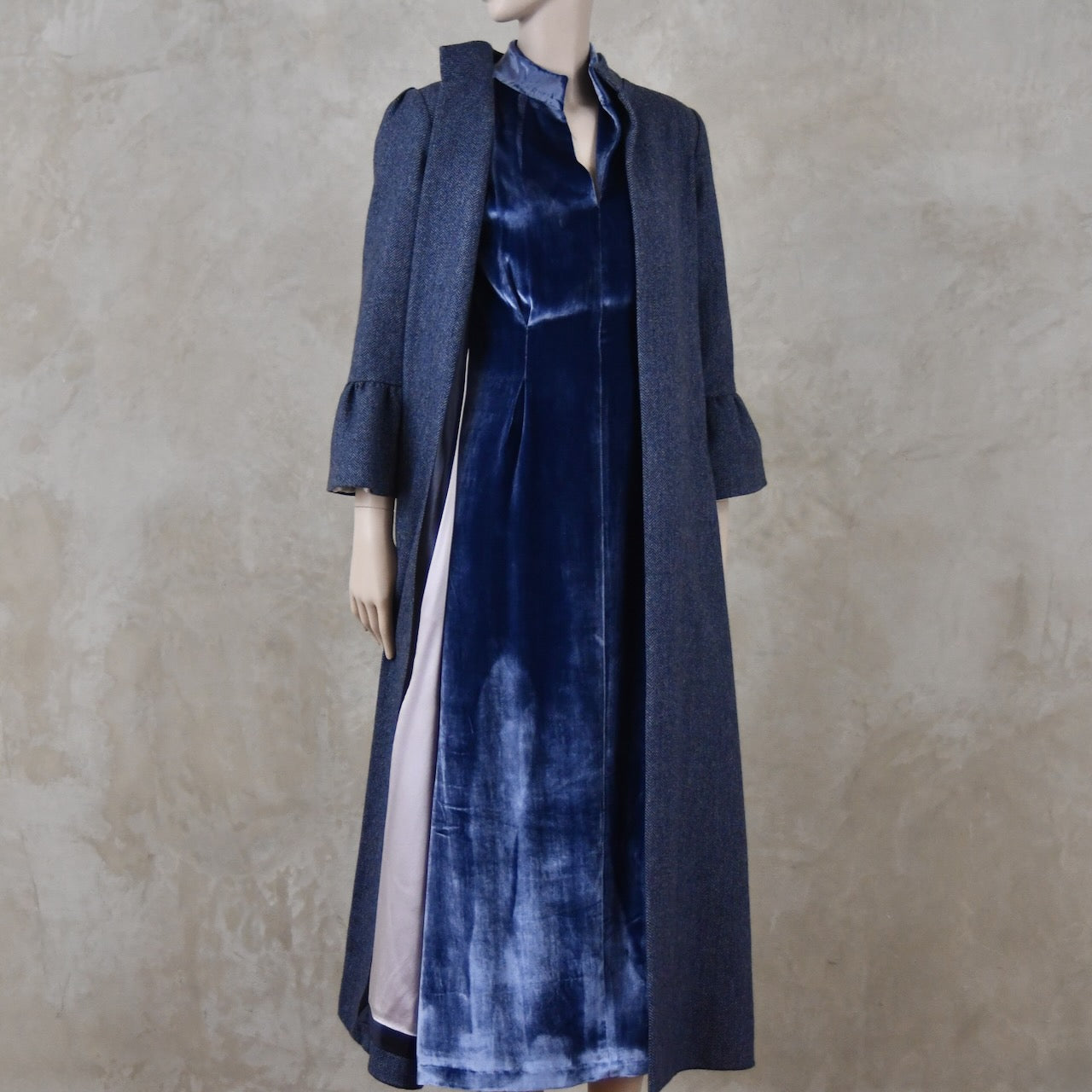 Bell Sleeve A-Line Coat in Denim Blue Tweed