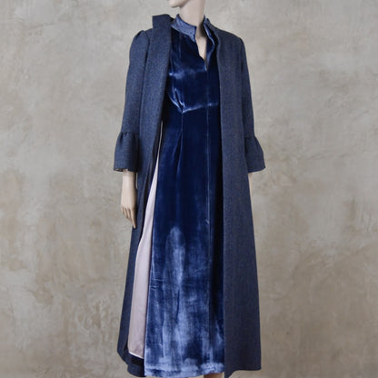 Bell Sleeve A-Line Coat in Denim Blue Tweed