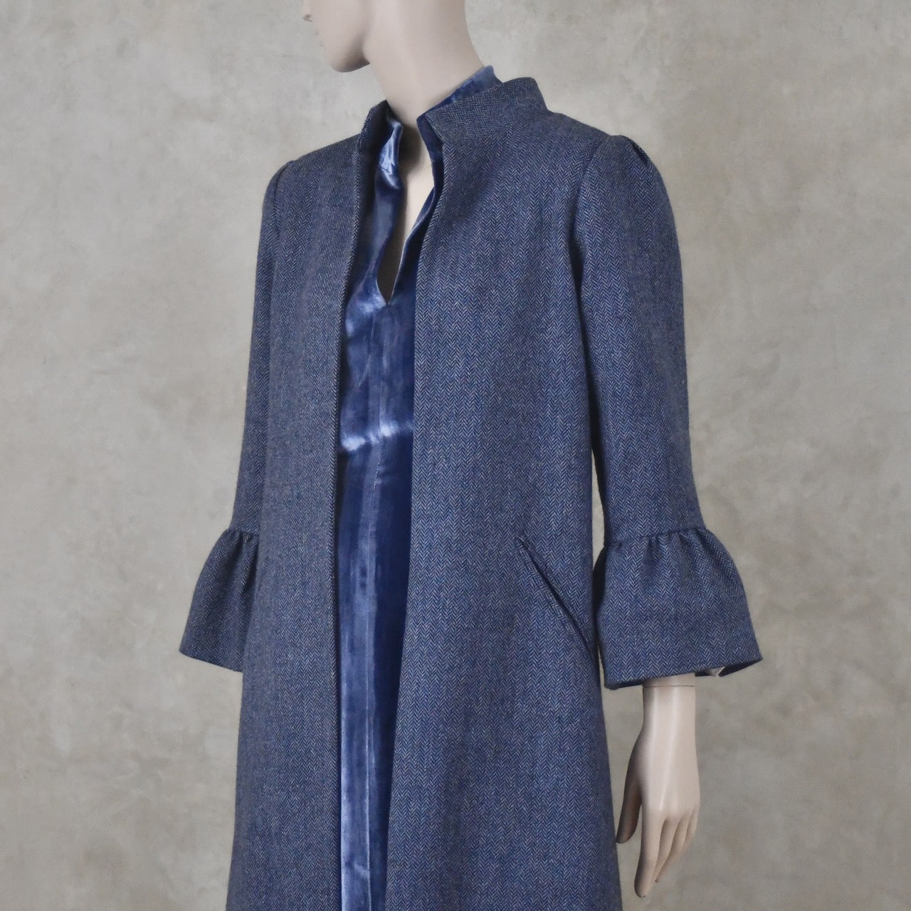 Bell Sleeve A-Line Coat in Denim Blue Tweed