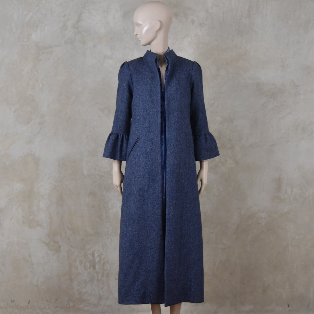 Bell Sleeve A-Line Coat in Denim Blue Tweed