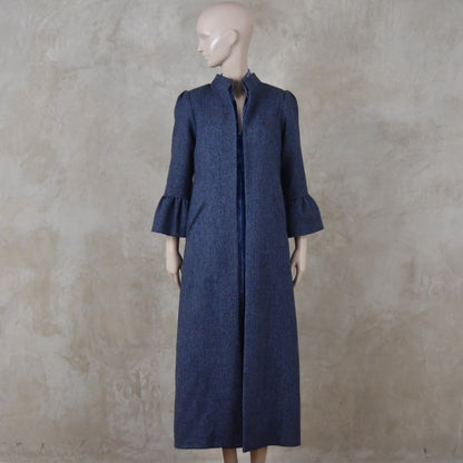Bell Sleeve A-Line Coat in Denim Blue Tweed