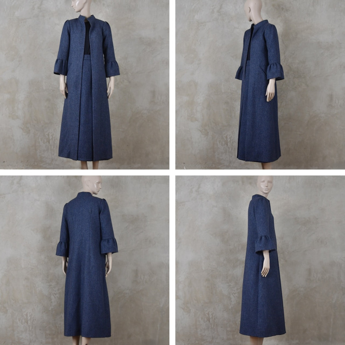 Bell Sleeve A-Line Coat in Denim Blue Tweed