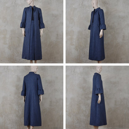 Bell Sleeve A-Line Coat in Denim Blue Tweed