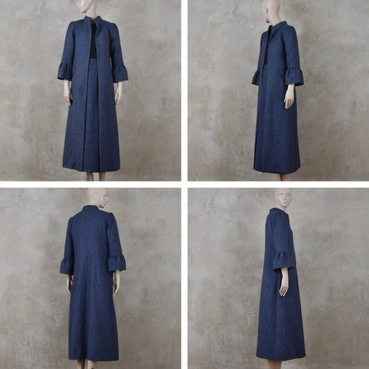 8 – Bell Sleeve A-Line Coat in Denim Blue Tweed
