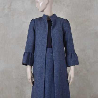 Bell Sleeve A-Line Coat in Denim Blue Tweed