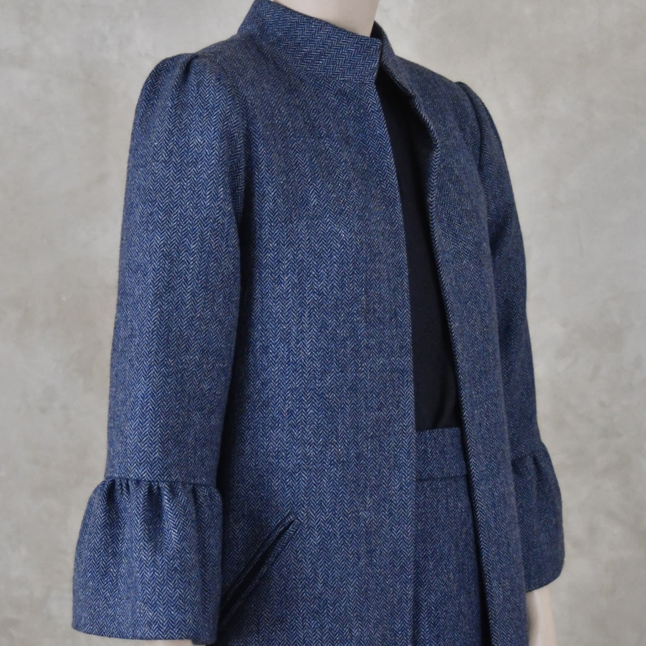 Bell Sleeve A-Line Coat in Denim Blue Tweed